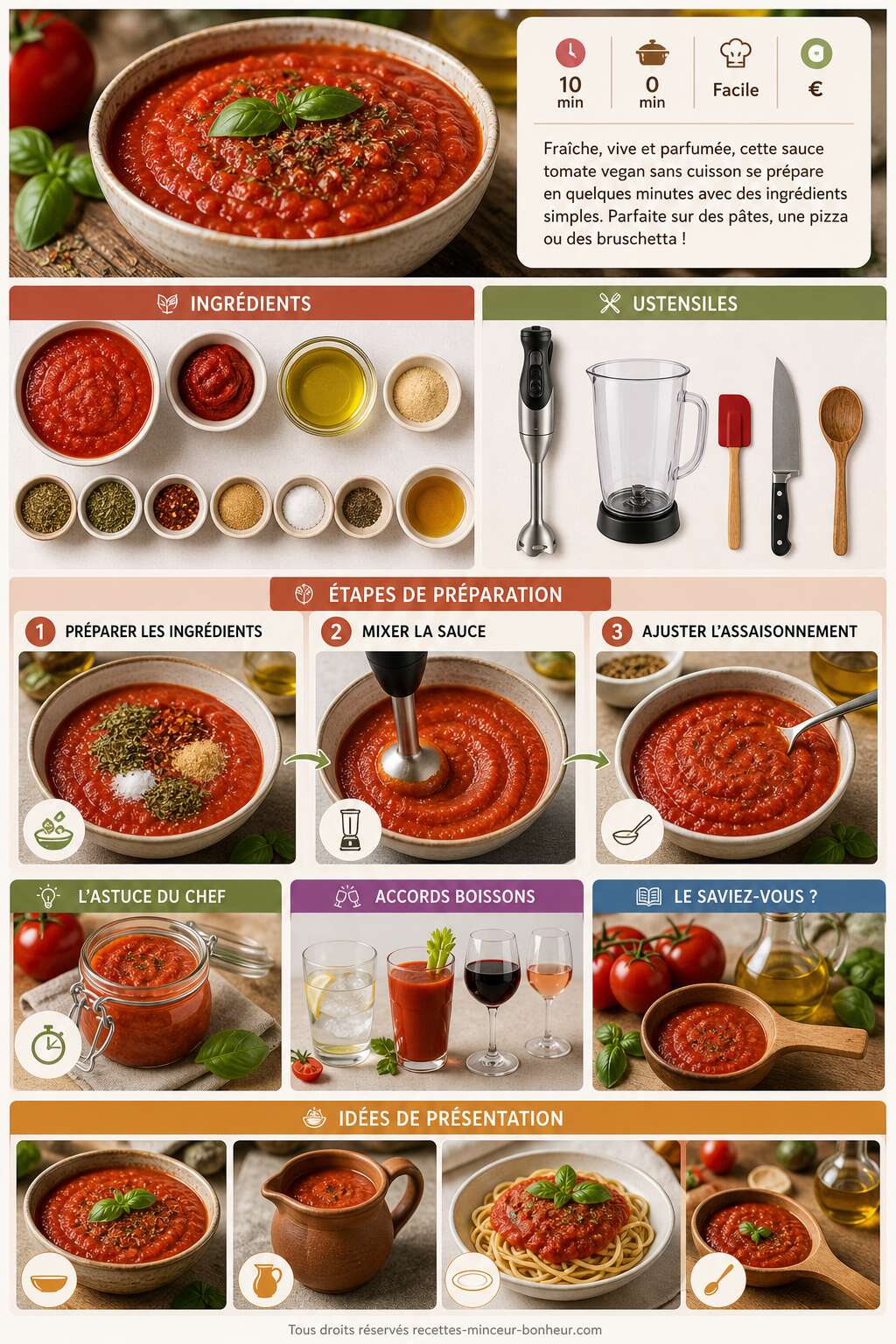 Fiche recette Sauce tomate vegan sans cuisson : recette rapide et facile Fiche recette Sauce tomate vegan sans cuisson : recette rapide et facile