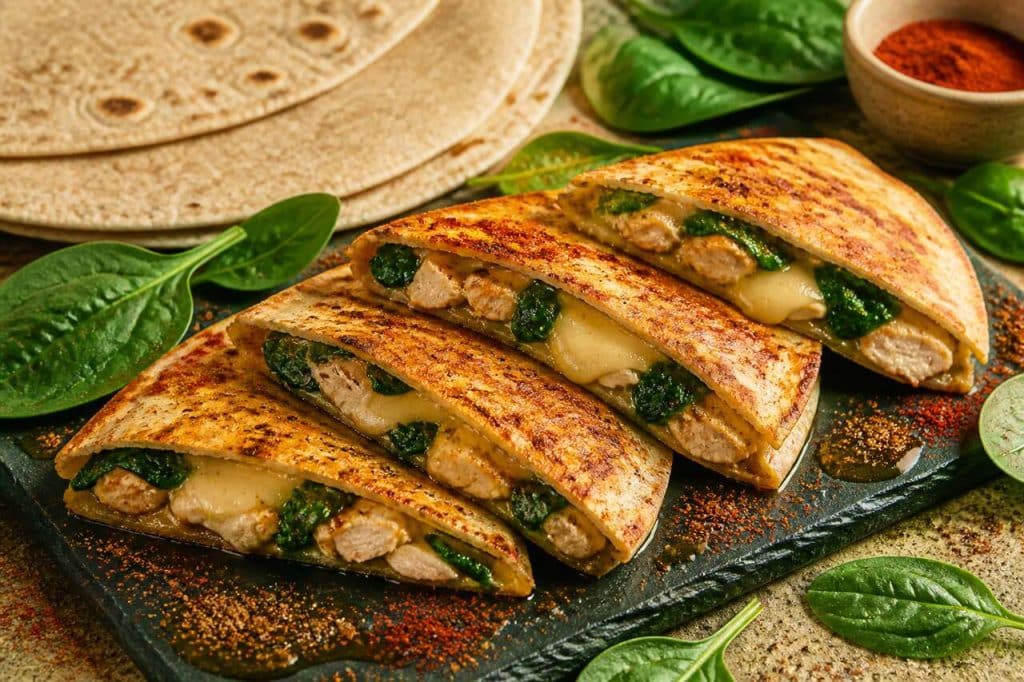 Quesadillas au poulet, comté et épinard : recette savoureuse