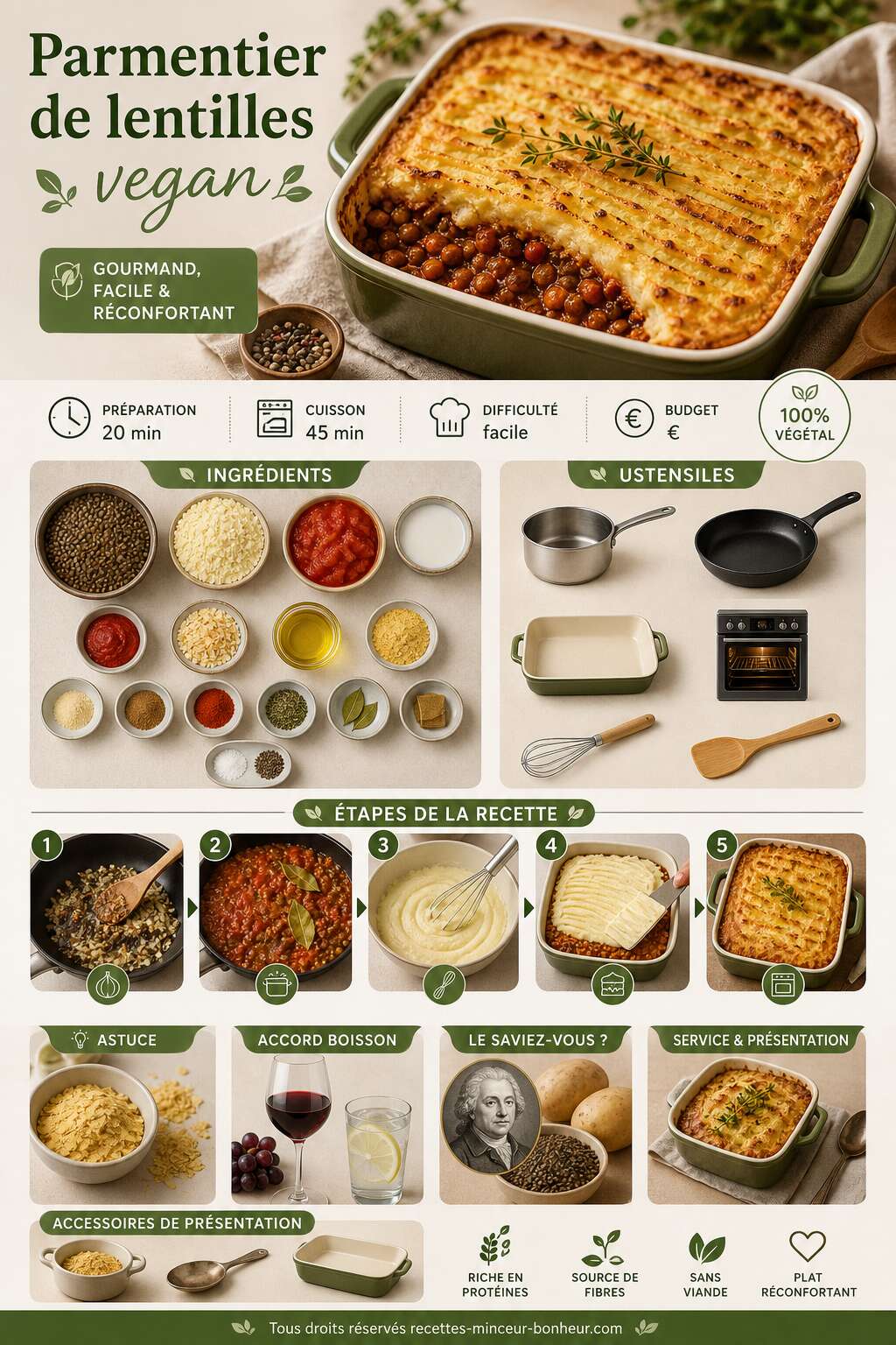Fiche recette Parmentier de lentilles vegan : recette gourmande et facile Fiche recette Parmentier de lentilles vegan : recette gourmande et facile