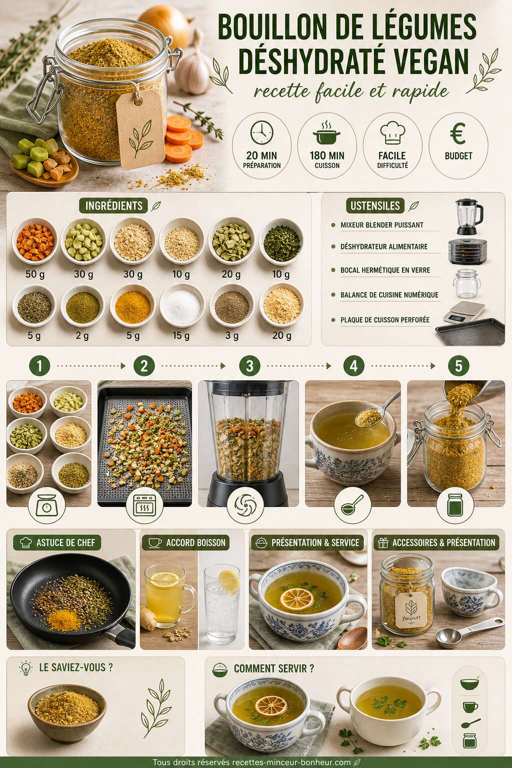 Fiche recette Bouillon de l&eacute;gumes d&eacute;shydrat&eacute; vegan : recette facile et rapide