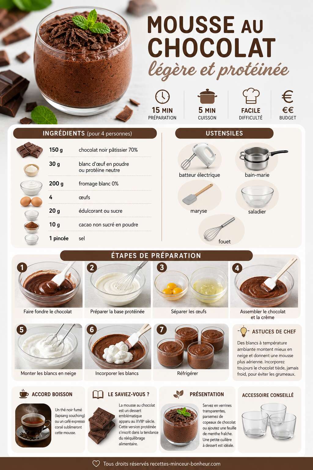 Fiche recette Mousse au chocolat l&eacute;g&egrave;re et prot&eacute;in&eacute;e : recette gourmande et saine