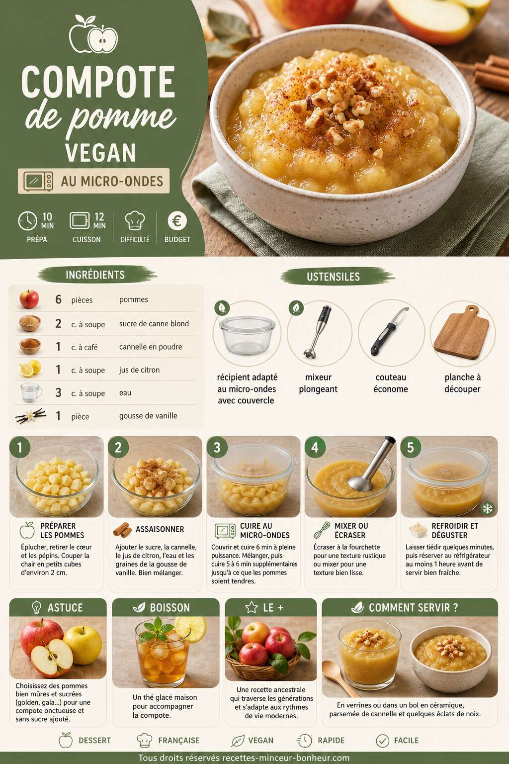Fiche recette Recette de compote de pomme vegan au micro-ondes