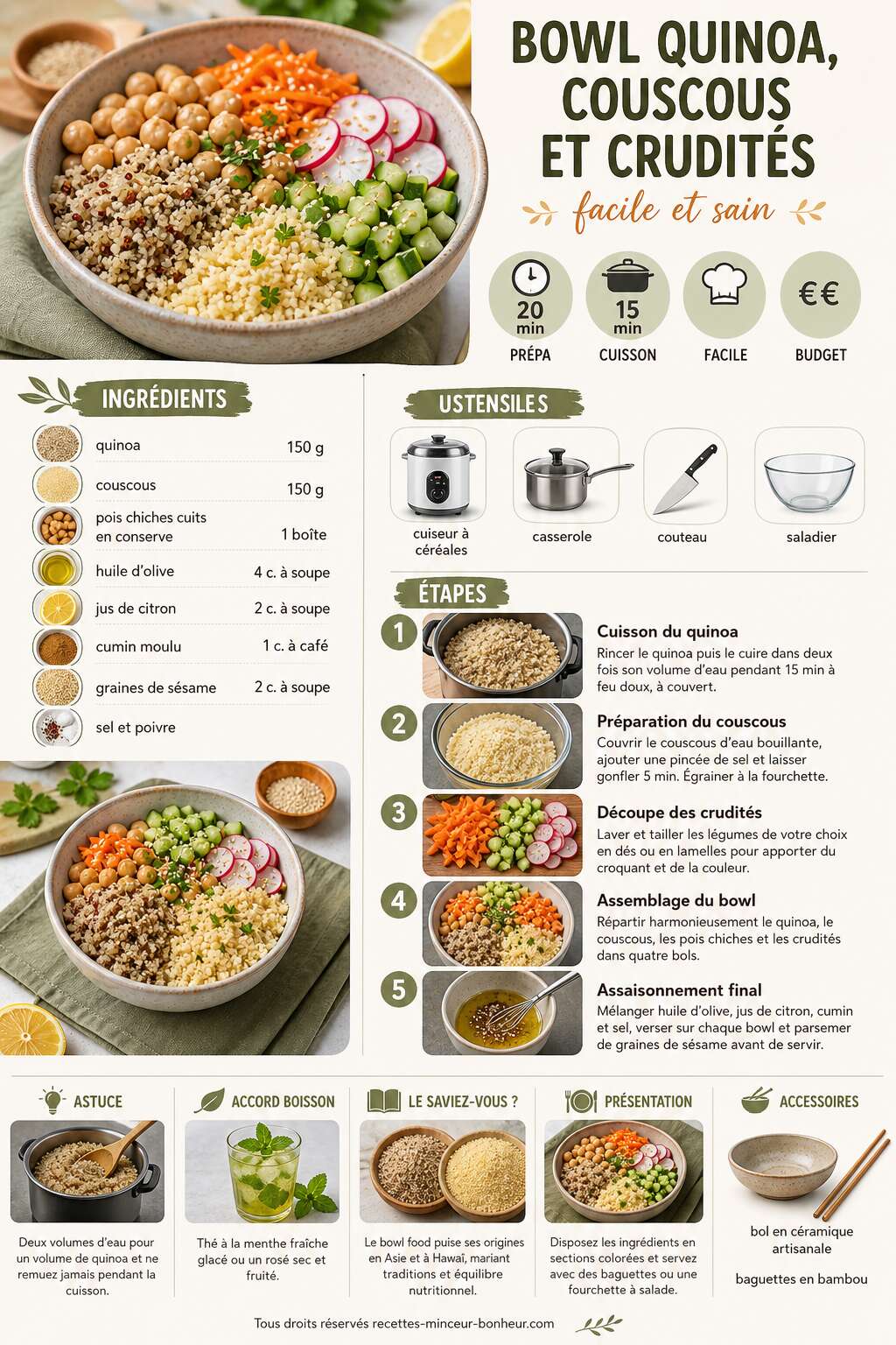 Fiche recette Recette : bowl quinoa, couscous et crudités facile et sain Fiche recette Recette : bowl quinoa, couscous et crudités facile et sain