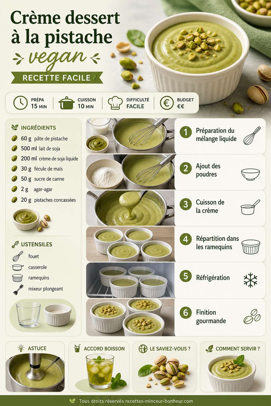 Fiche recette Cr&egrave;me dessert &agrave; la pistache vegan : recette facile