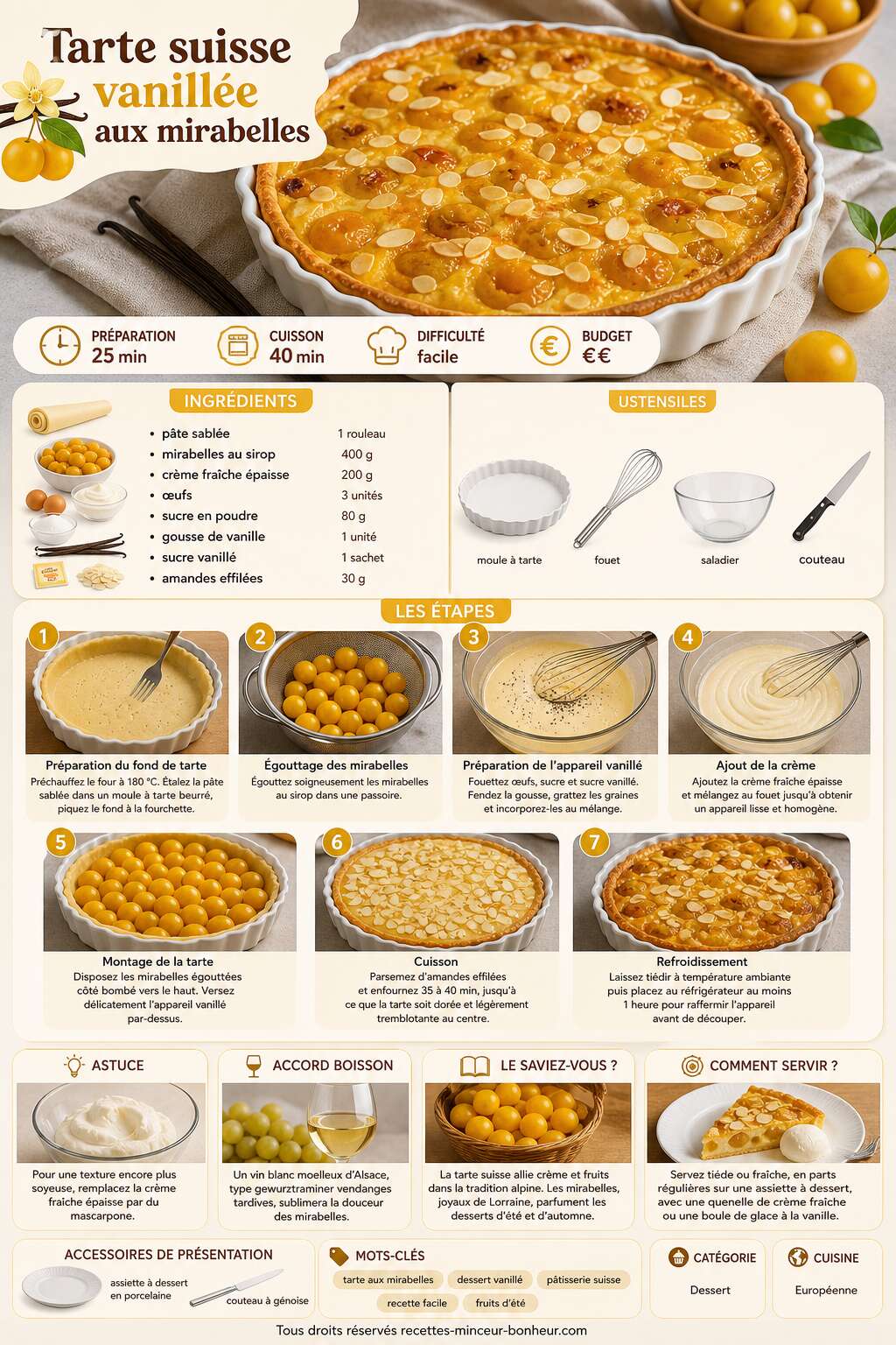 Fiche recette Tarte suisse vanill&eacute;e aux mirabelles : d&eacute;couvrez la recette d&eacute;licieuse