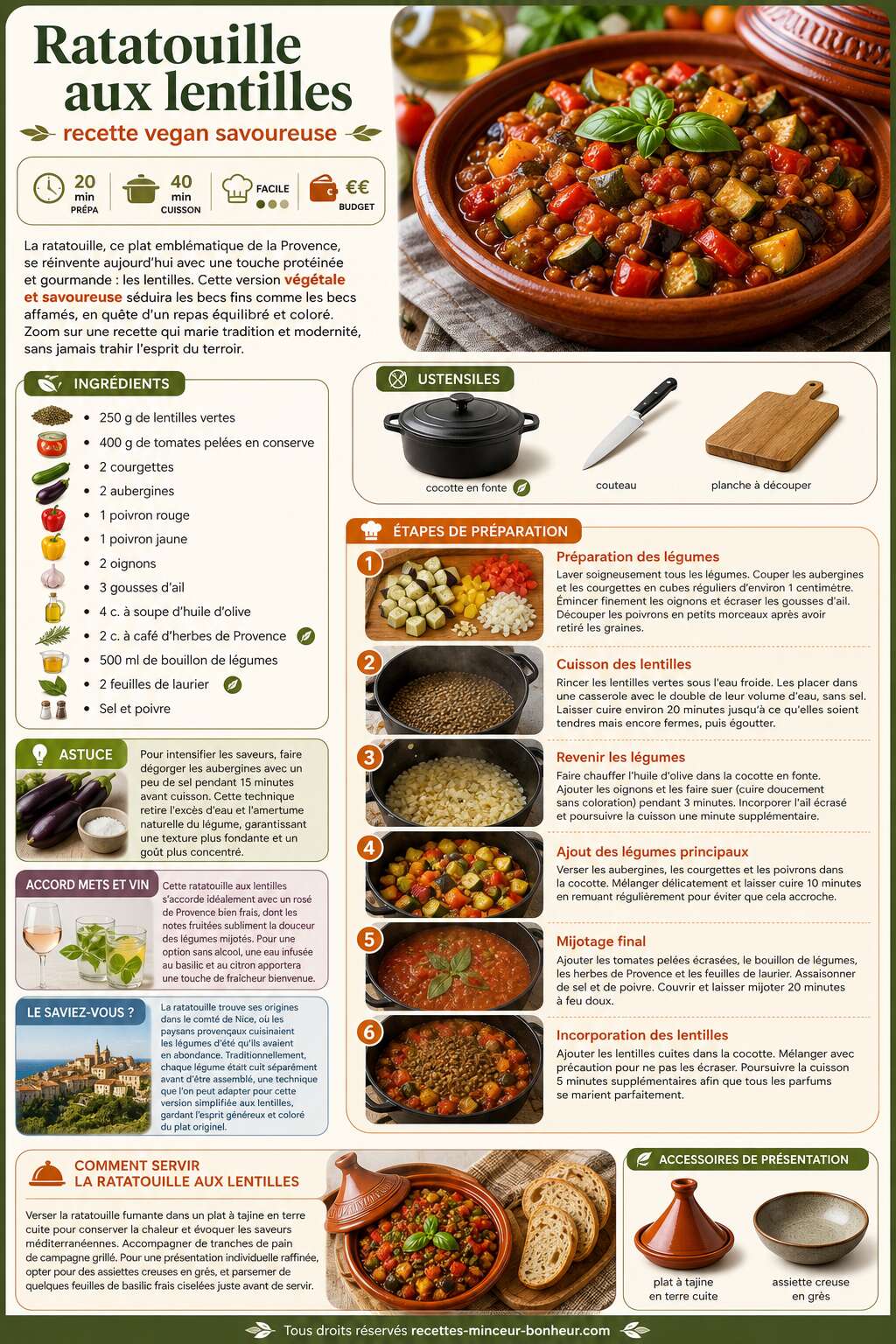 Fiche recette Ratatouille aux lentilles : recette vegan savoureuse Fiche recette Ratatouille aux lentilles : recette vegan savoureuse