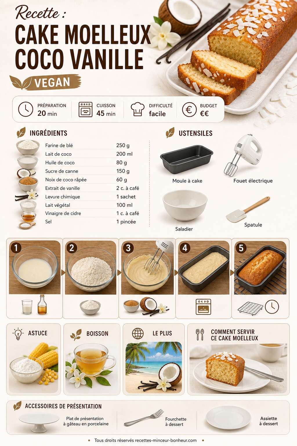 Fiche recette Recette : cake moelleux coco vanille vegan Fiche recette Recette : cake moelleux coco vanille vegan
