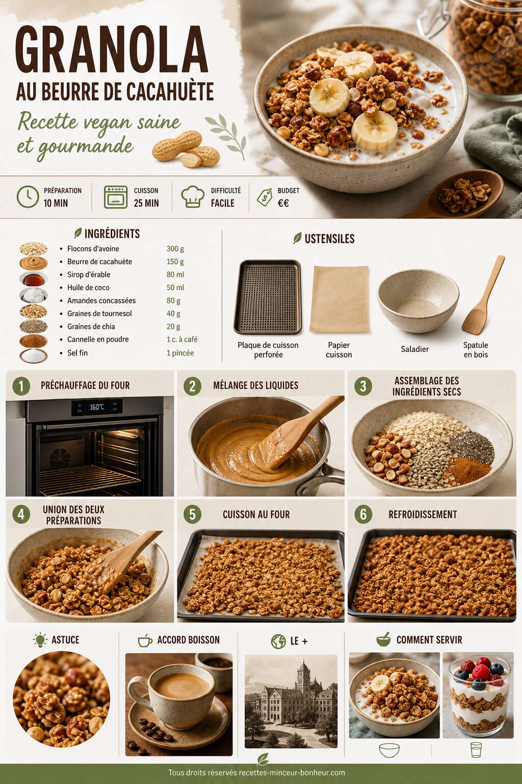 Fiche recette Granola au beurre de cacahuète : recette vegan saine et gourmande Fiche recette Granola au beurre de cacahuète : recette vegan saine et gourmande