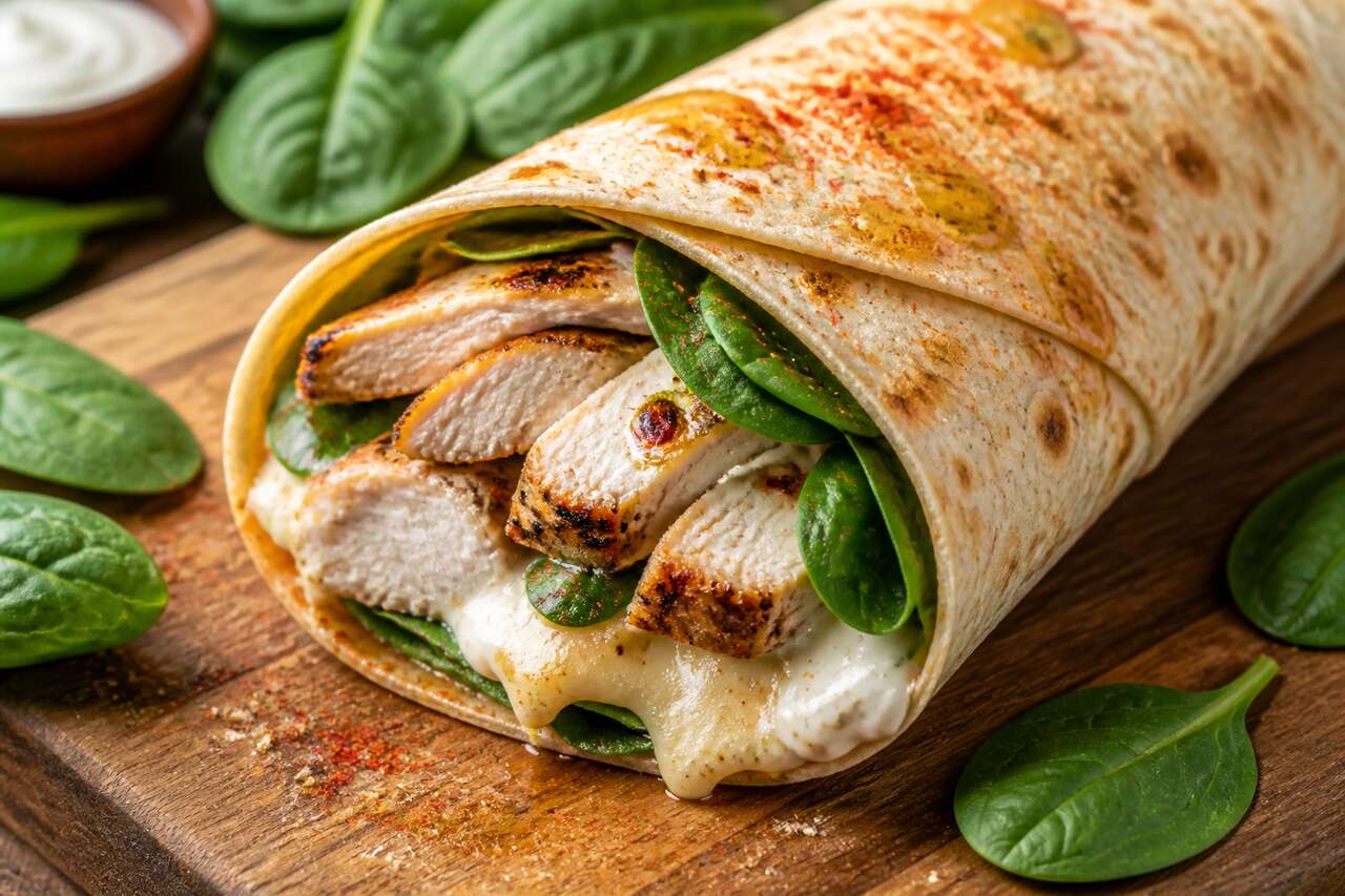 Wrap au poulet, fromage et épinards : recette facile et saine