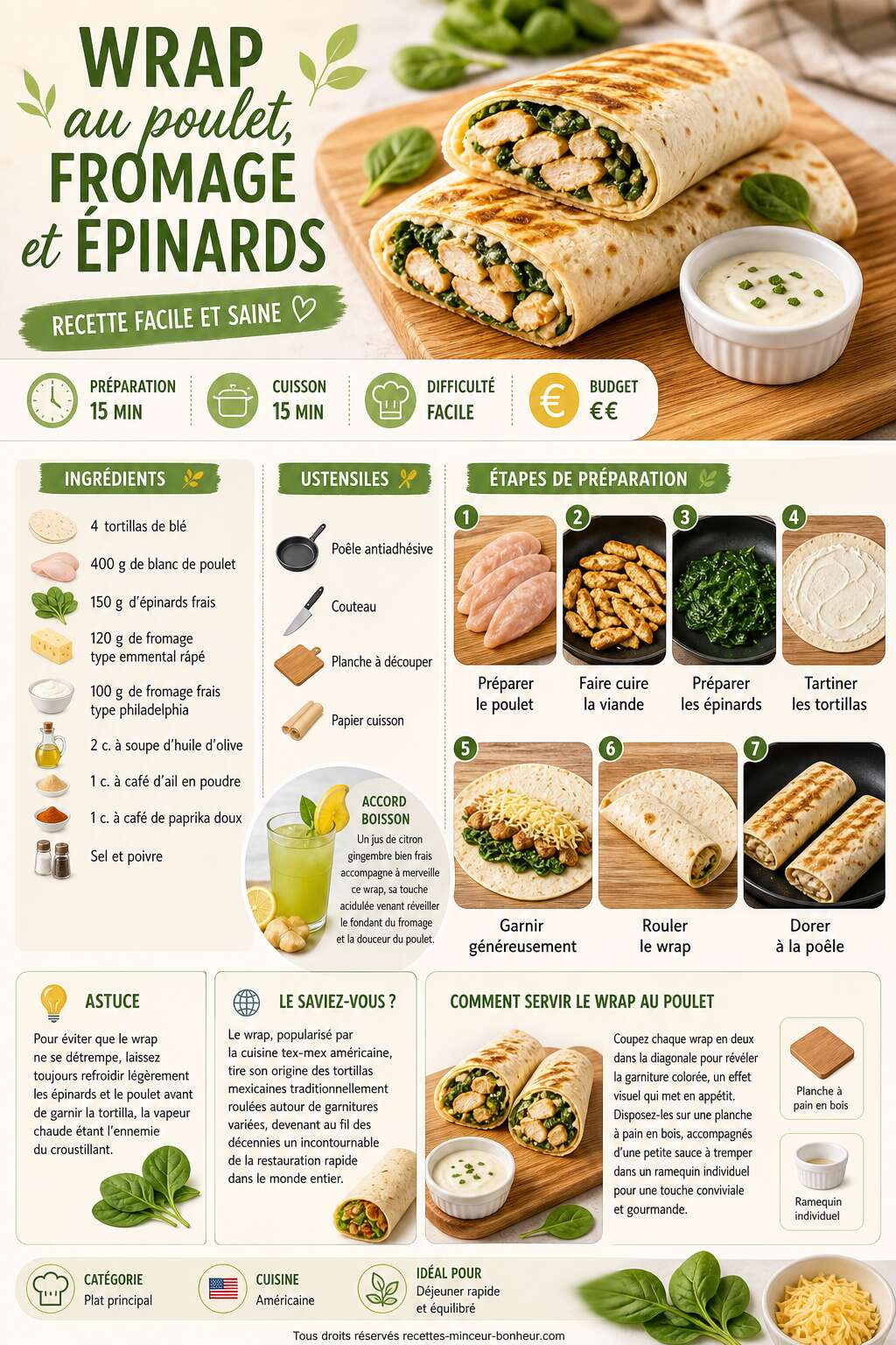 Fiche recette Wrap au poulet, fromage et &eacute;pinards : recette facile et saine