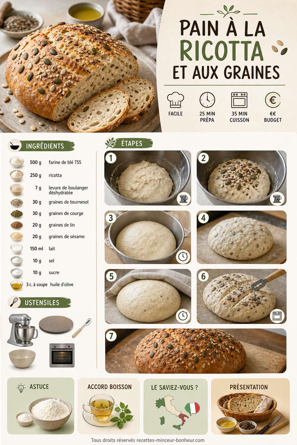 Fiche recette Recette de pain &agrave; la ricotta et aux graines