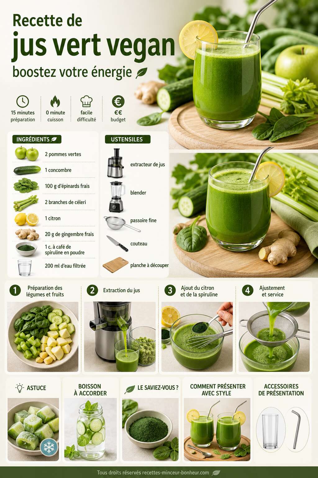 Fiche recette Recette de jus vert vegan : boostez votre énergie Fiche recette Recette de jus vert vegan : boostez votre énergie