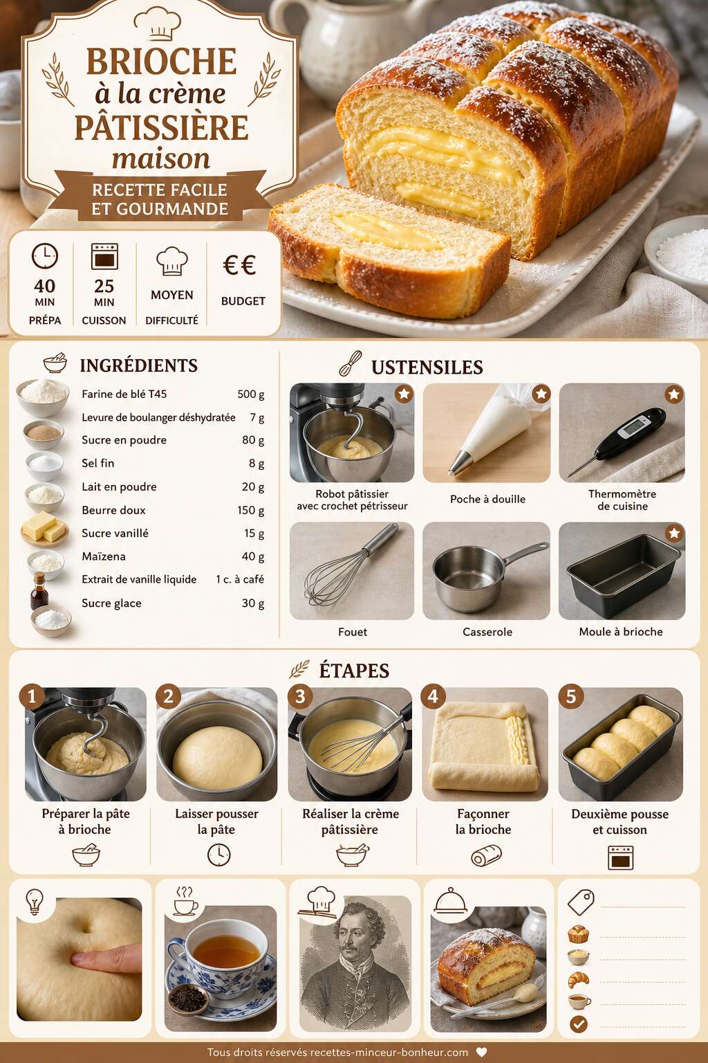 Fiche recette Brioche à la crème pâtissière maison : recette facile et gourmande Fiche recette Brioche à la crème pâtissière maison : recette facile et gourmande