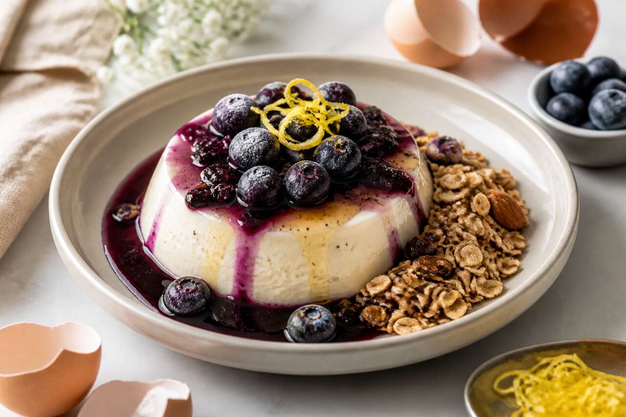 Recette : bowl flan au yaourt et compote de myrtilles healthy