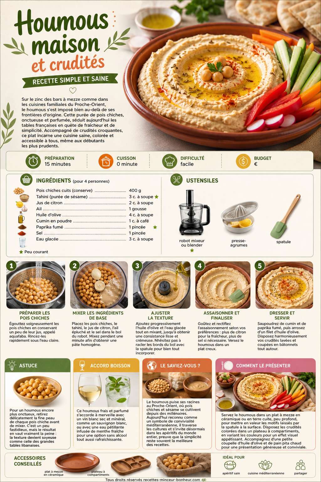 Fiche recette Houmous maison et crudités : recette simple et saine Fiche recette Houmous maison et crudités : recette simple et saine