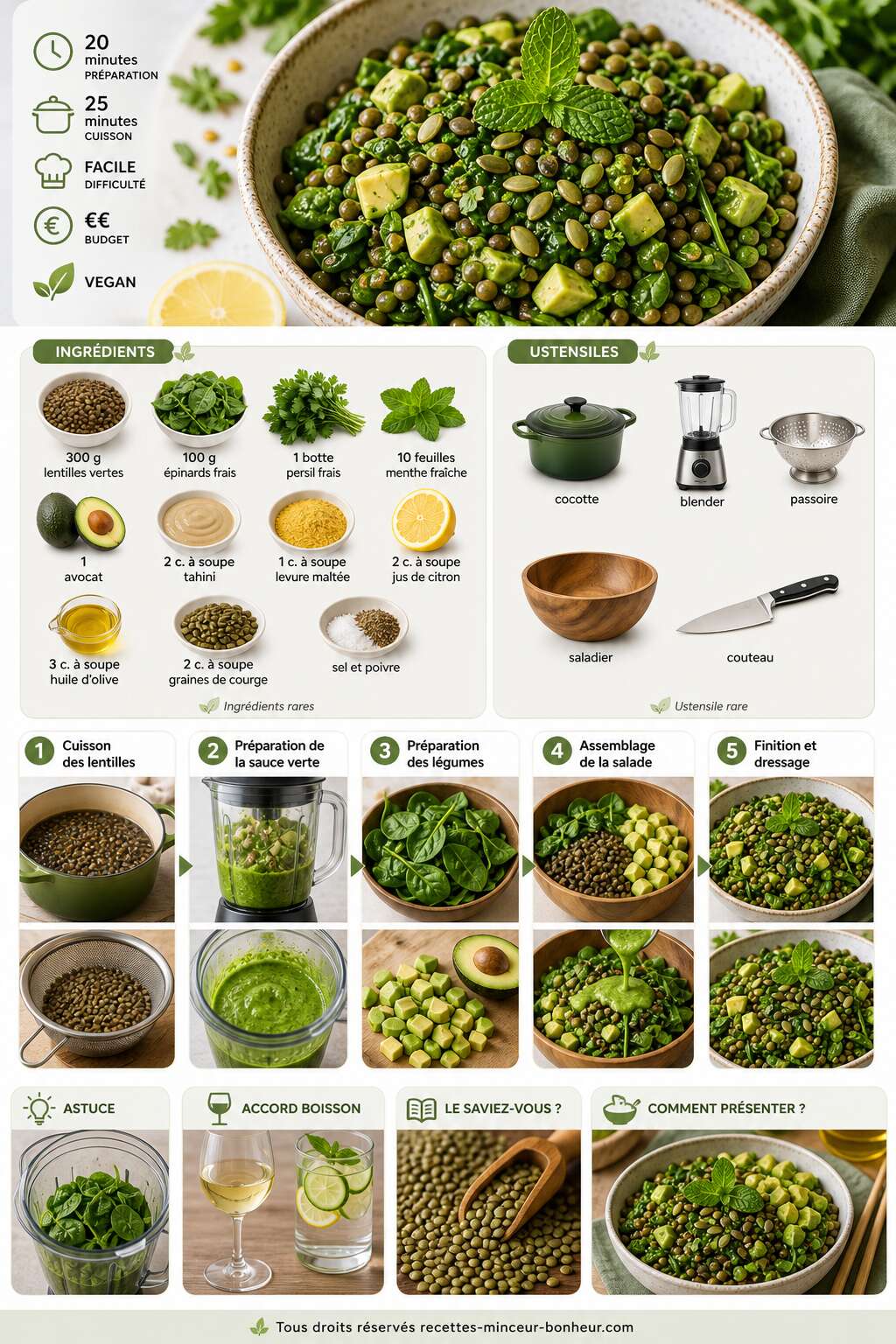 Fiche recette Salade de lentilles vegan au vert : recette saine et gourmande