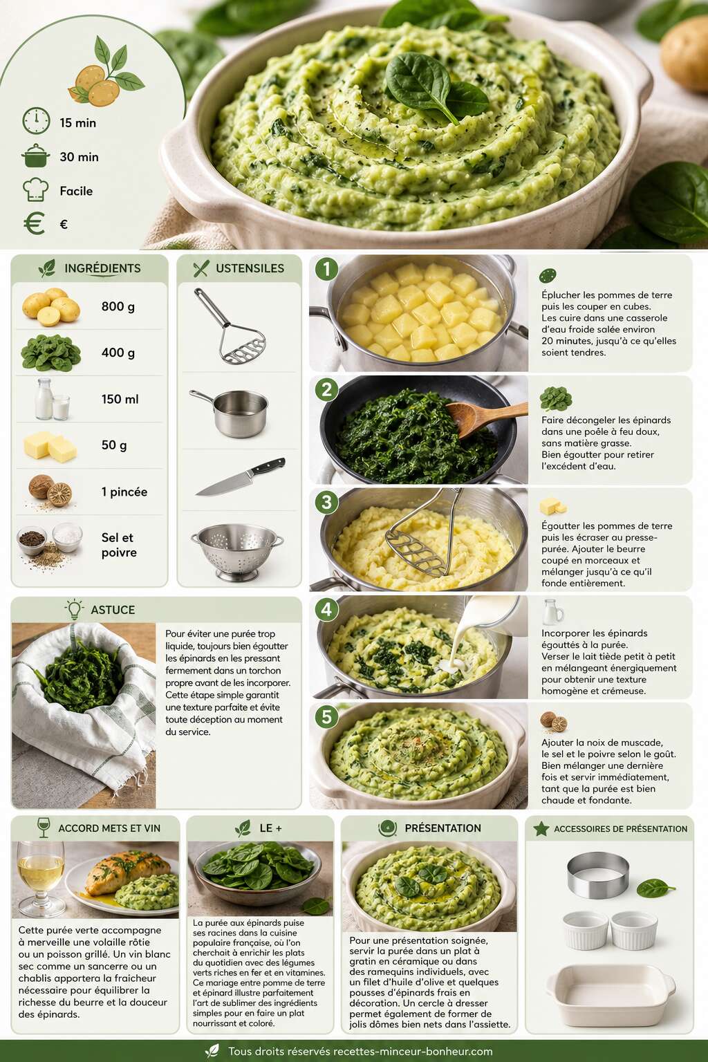 Fiche recette Pur&eacute;e de pommes de terre aux &eacute;pinards : recette saine et savoureuse