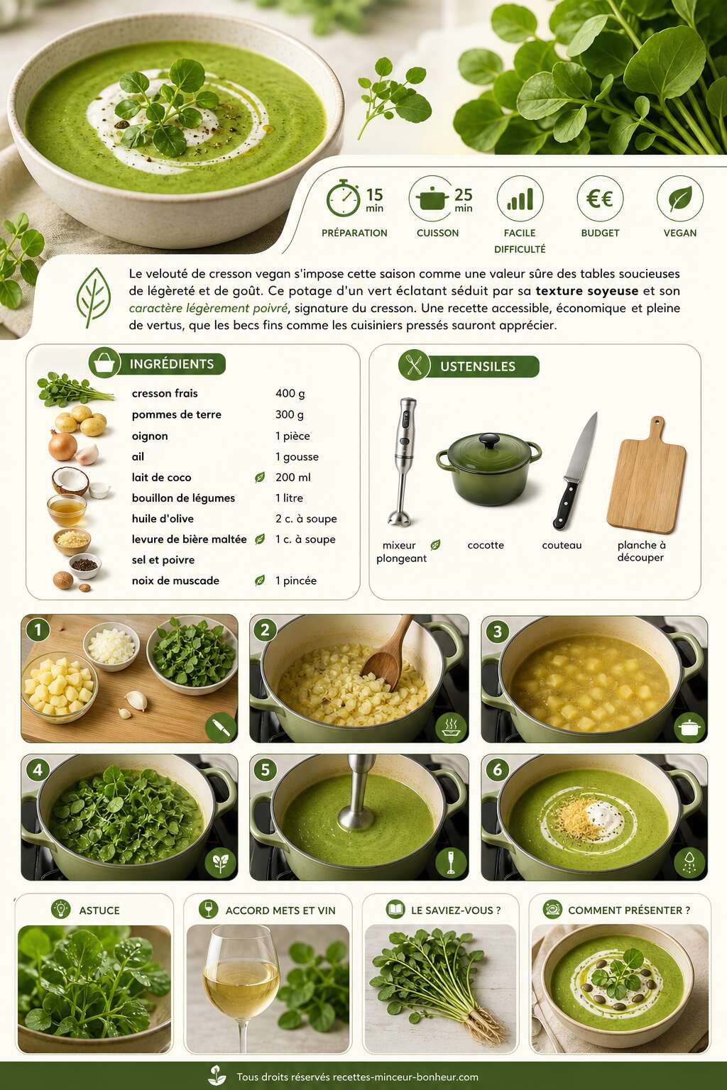 Fiche recette Velouté de cresson vegan : recette savoureuse et saine Fiche recette Velouté de cresson vegan : recette savoureuse et saine