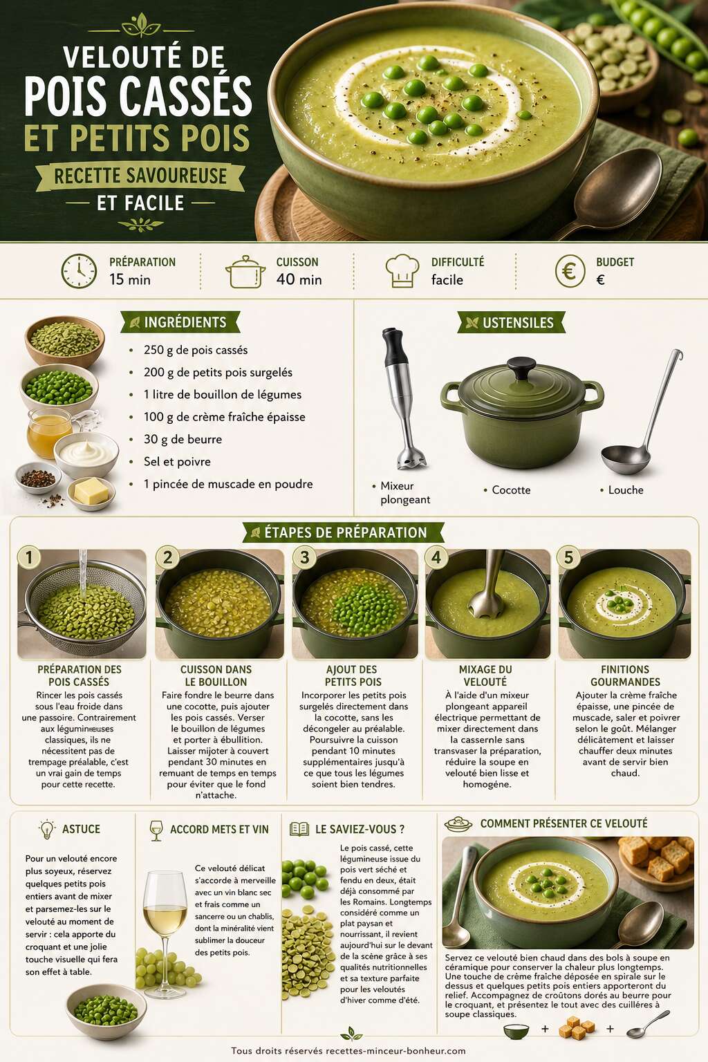 Fiche recette Velouté de pois cassés et petits pois : recette savoureuse et facile Fiche recette Velouté de pois cassés et petits pois : recette savoureuse et facile
