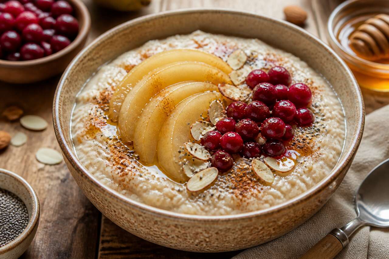 Recette de porridge à la poire et aux fruits rouges