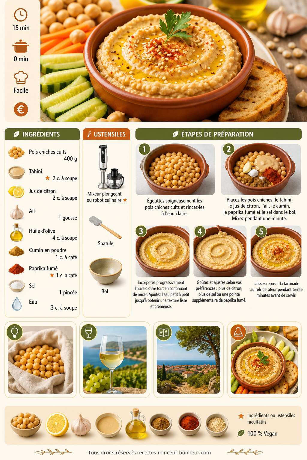Fiche recette Recette de poichichade vegan : une tartinade saine et savoureuse Fiche recette Recette de poichichade vegan : une tartinade saine et savoureuse