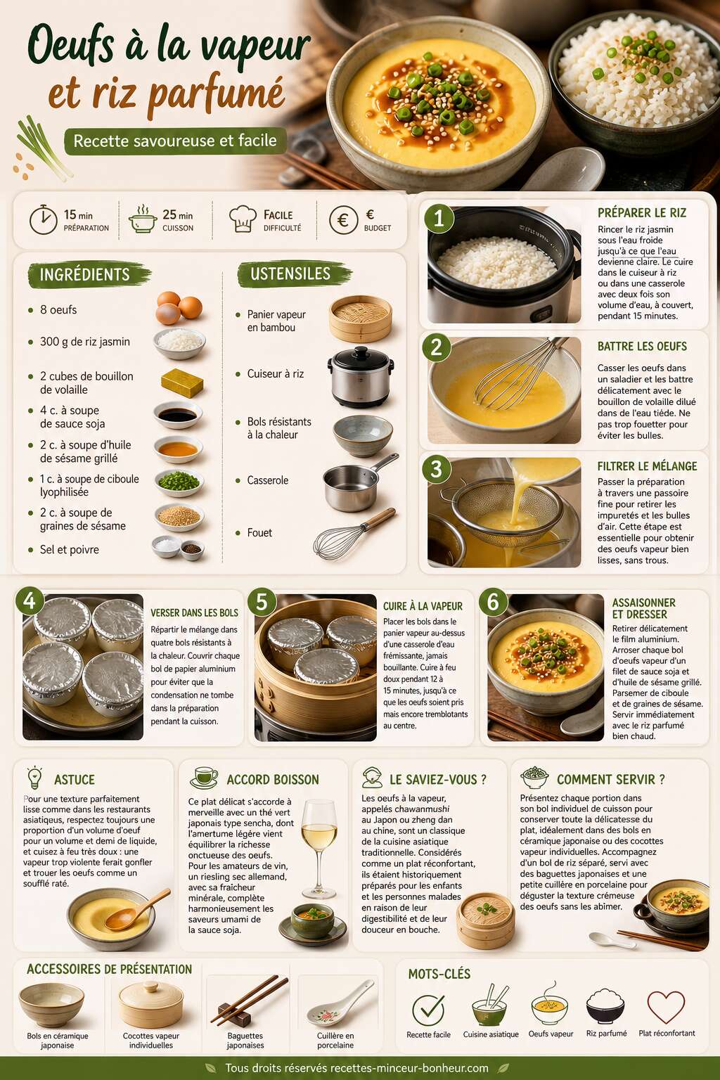 Fiche recette Oeufs &agrave; la vapeur et riz parfum&eacute; : recette savoureuse et facile