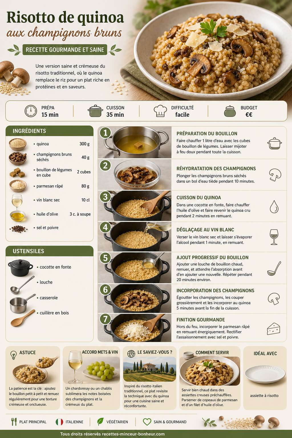 Fiche recette Risotto de quinoa aux champignons bruns : recette gourmande et saine