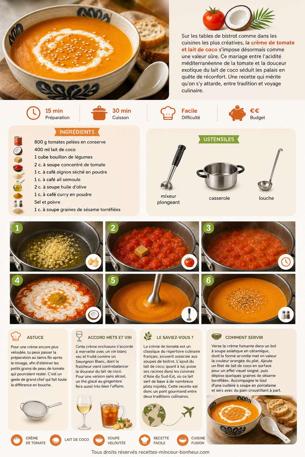 Fiche recette Crème de tomate et lait de coco : recette gourmande Fiche recette Crème de tomate et lait de coco : recette gourmande