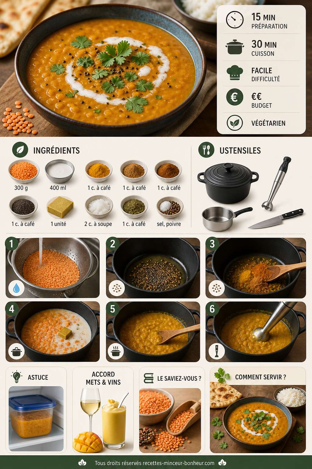 Fiche recette Recette de dhal aux lentilles roses : un plat savoureux et sain