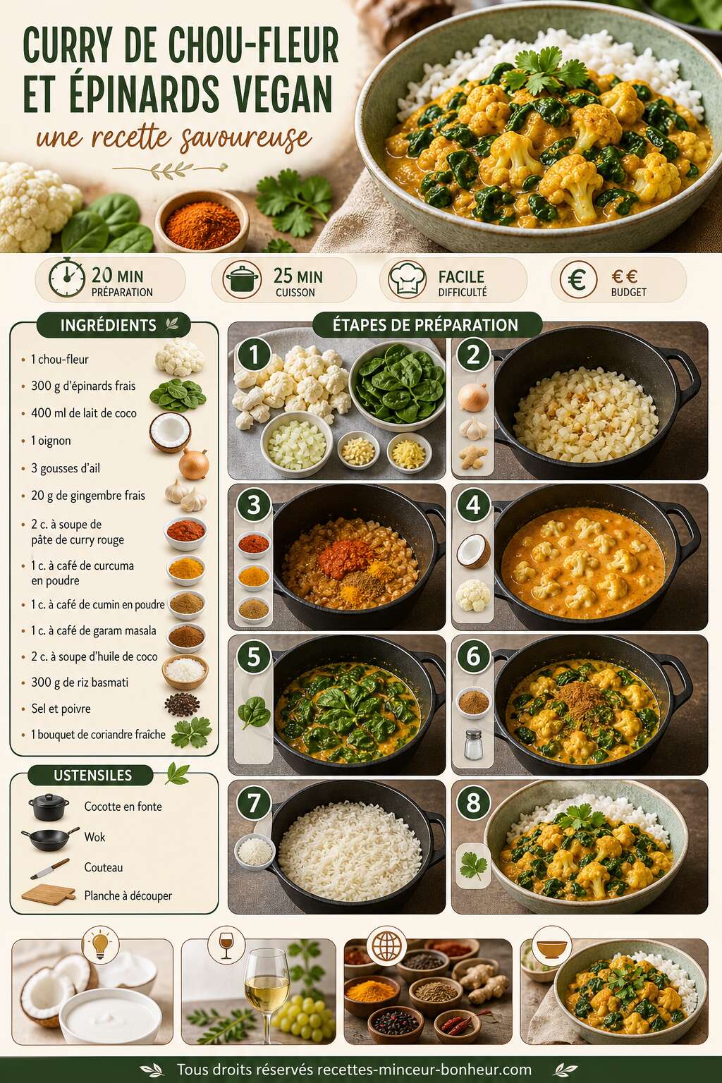 Fiche recette Curry de chou-fleur et &eacute;pinards vegan : une recette savoureuse