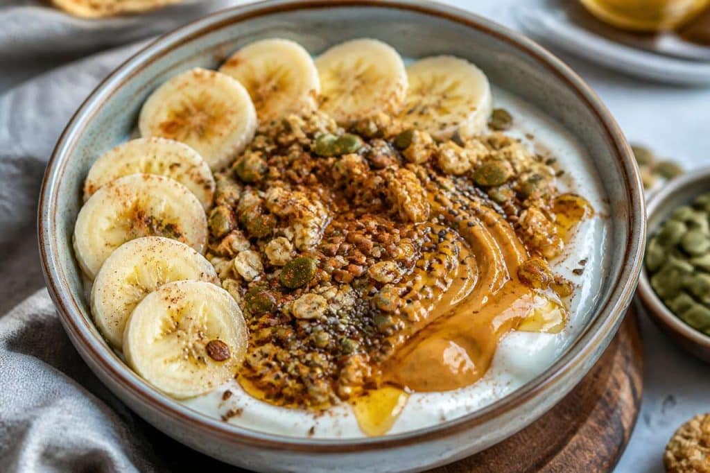 Bowl de yaourt sain : graines, banane et beurre de cacahuète