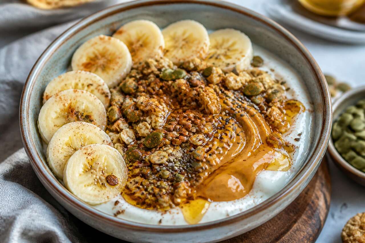 Bowl de yaourt sain : graines, banane et beurre de cacahuète