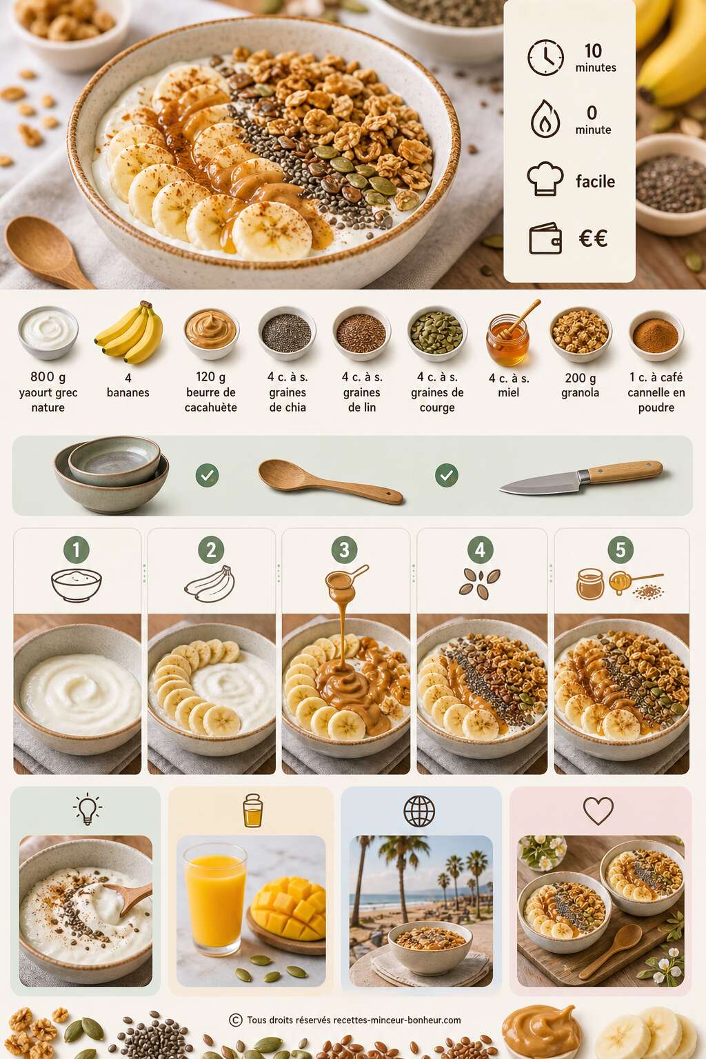 Fiche recette Bowl de yaourt sain : graines, banane et beurre de cacahu&egrave;te