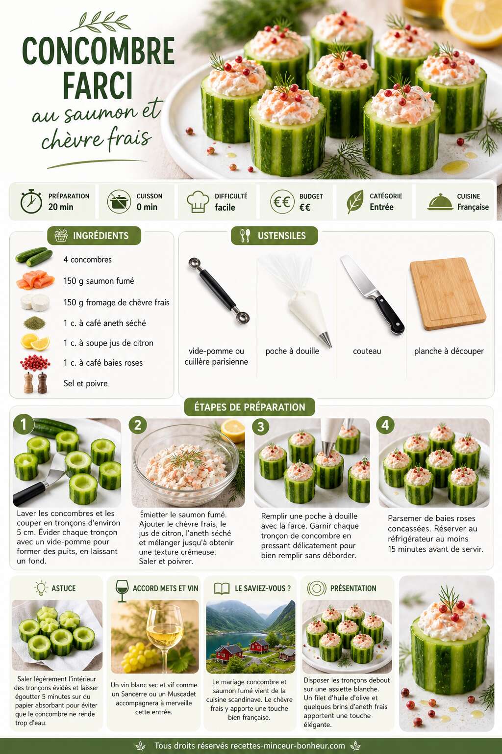 Fiche recette Concombre farci au saumon et chèvre frais : recette santé Fiche recette Concombre farci au saumon et chèvre frais : recette santé