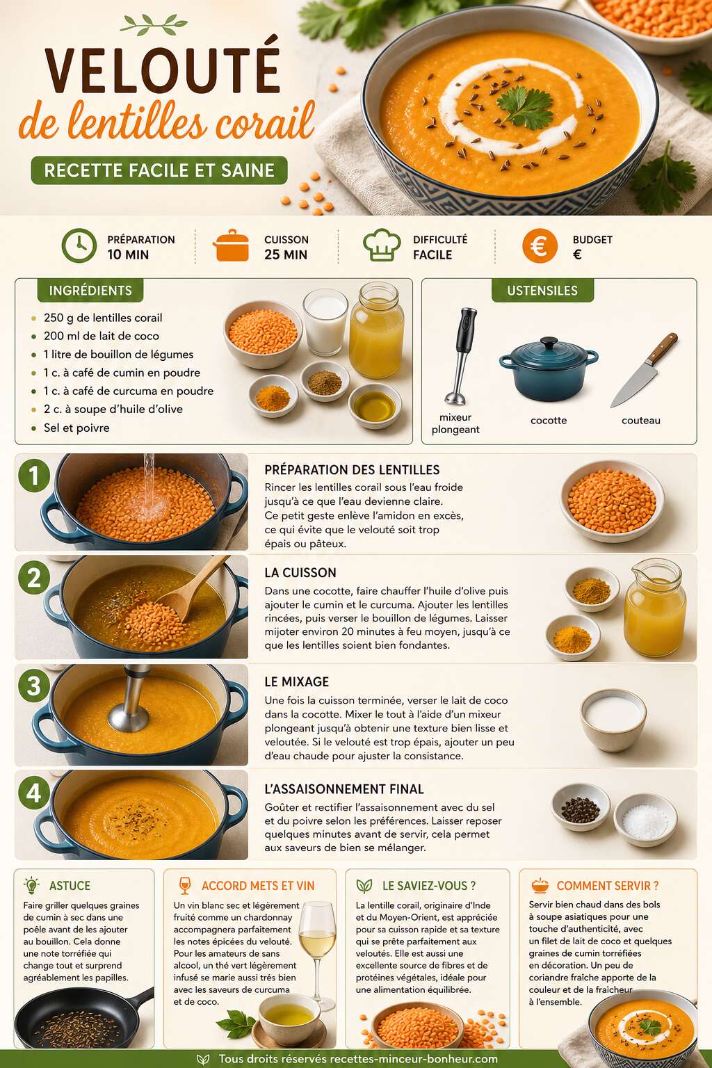 Fiche recette Velouté de lentilles corail : recette facile et saine Fiche recette Velouté de lentilles corail : recette facile et saine