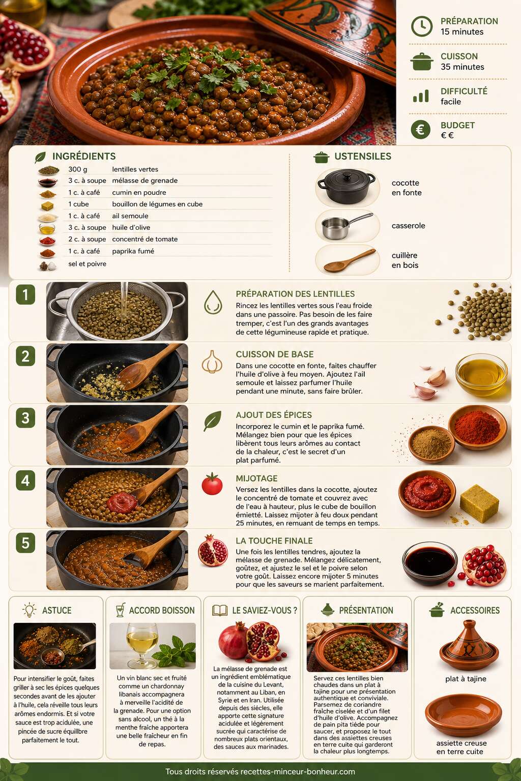 Fiche recette Lentilles &agrave; la m&eacute;lasse de grenade : recette de sauce savoureuse