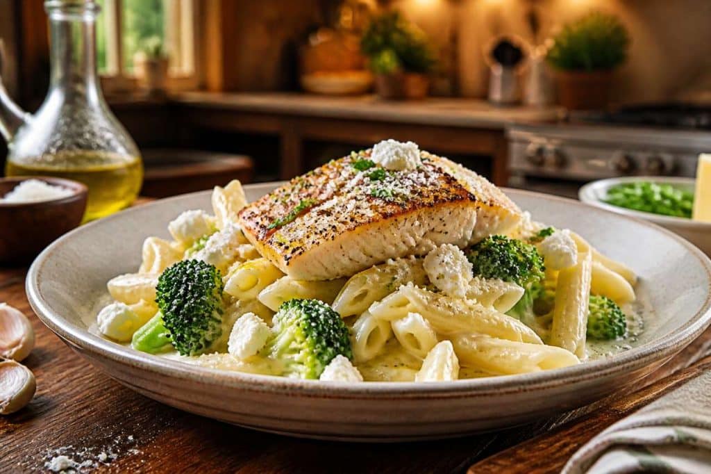 Pâtes au chèvre, brocolis et filet de poisson : recette gourmande