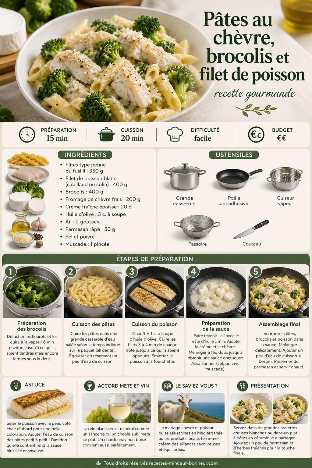Fiche recette Pâtes au chèvre, brocolis et filet de poisson : recette gourmande Fiche recette Pâtes au chèvre, brocolis et filet de poisson : recette gourmande