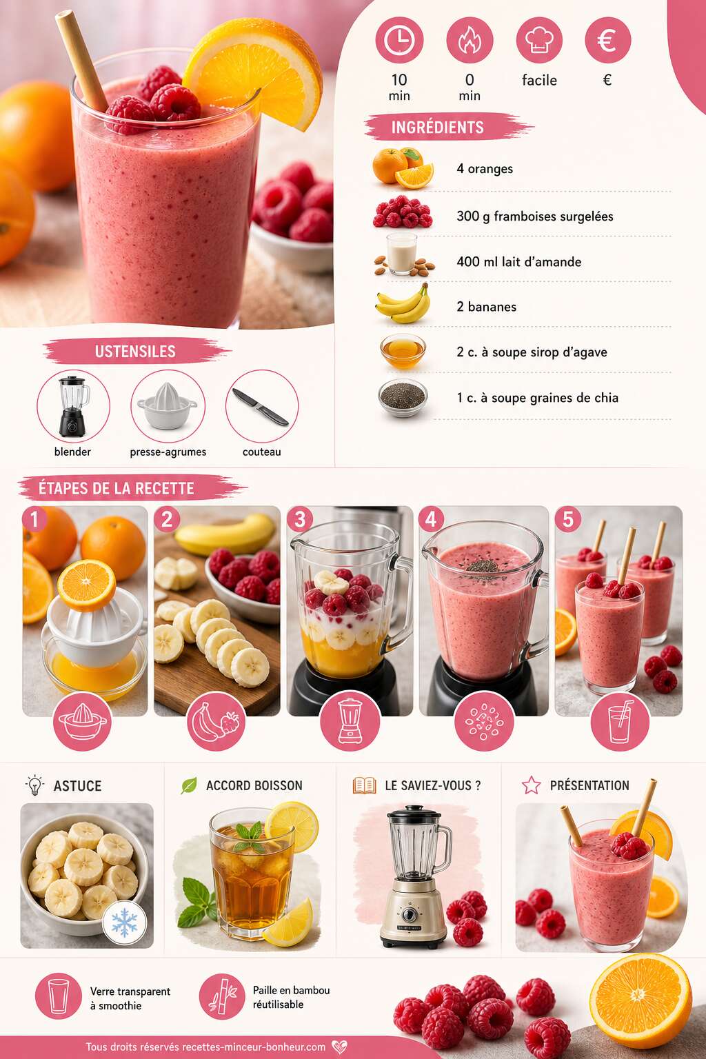 Fiche recette Smoothie orange et framboise vegan : recette facile et saine Fiche recette Smoothie orange et framboise vegan : recette facile et saine