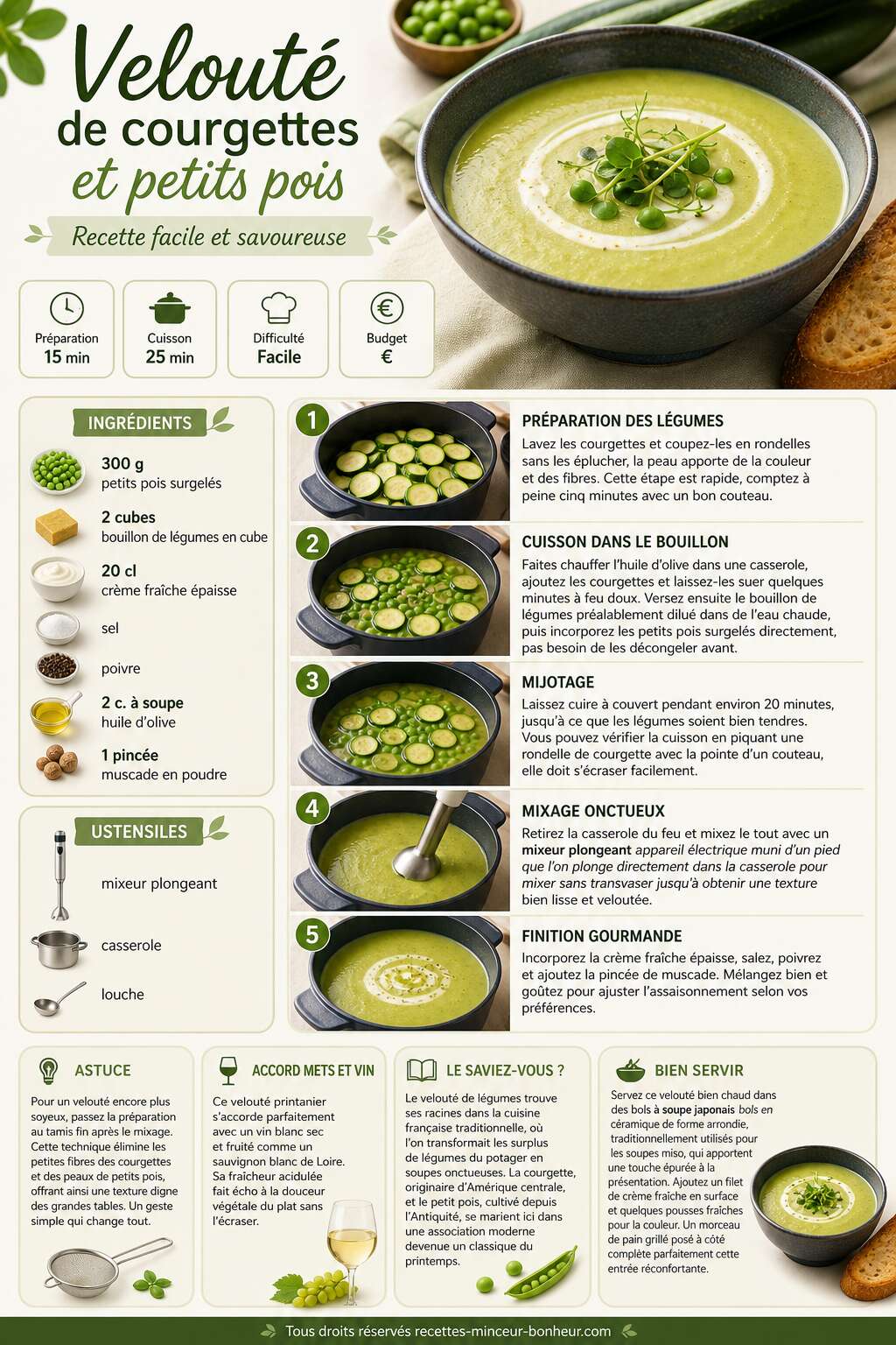Fiche recette Velout&eacute; de courgettes et petits pois : recette facile et savoureuse
