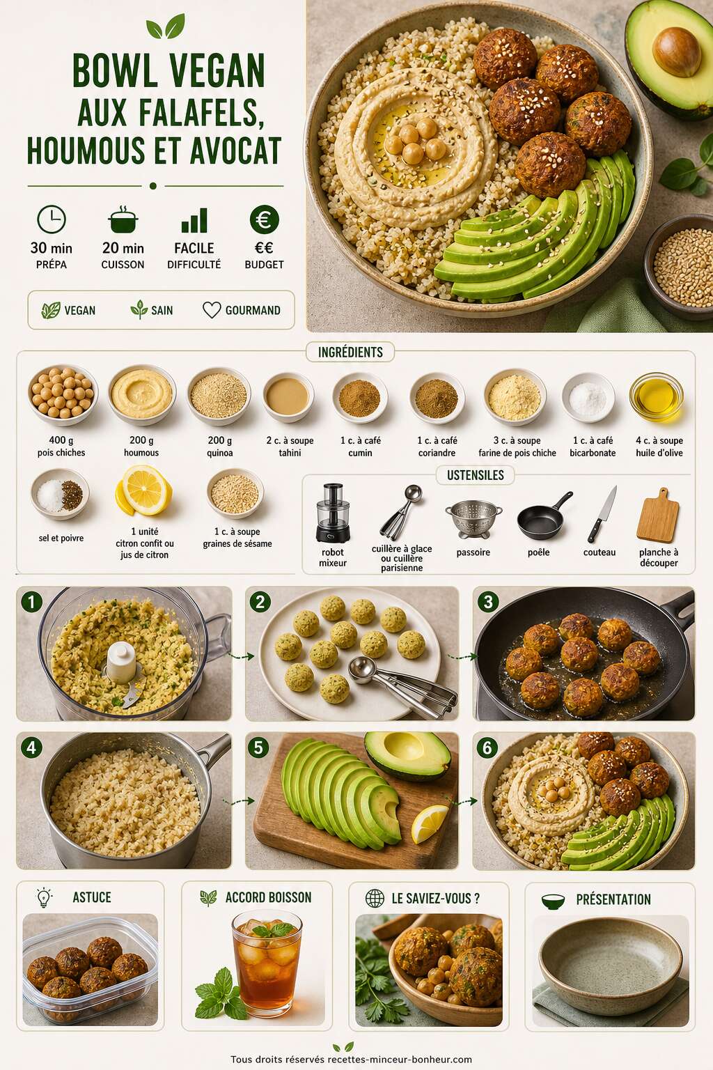 Fiche recette Bowl vegan aux falafels, houmous et avocat : recette saine et gourmande
