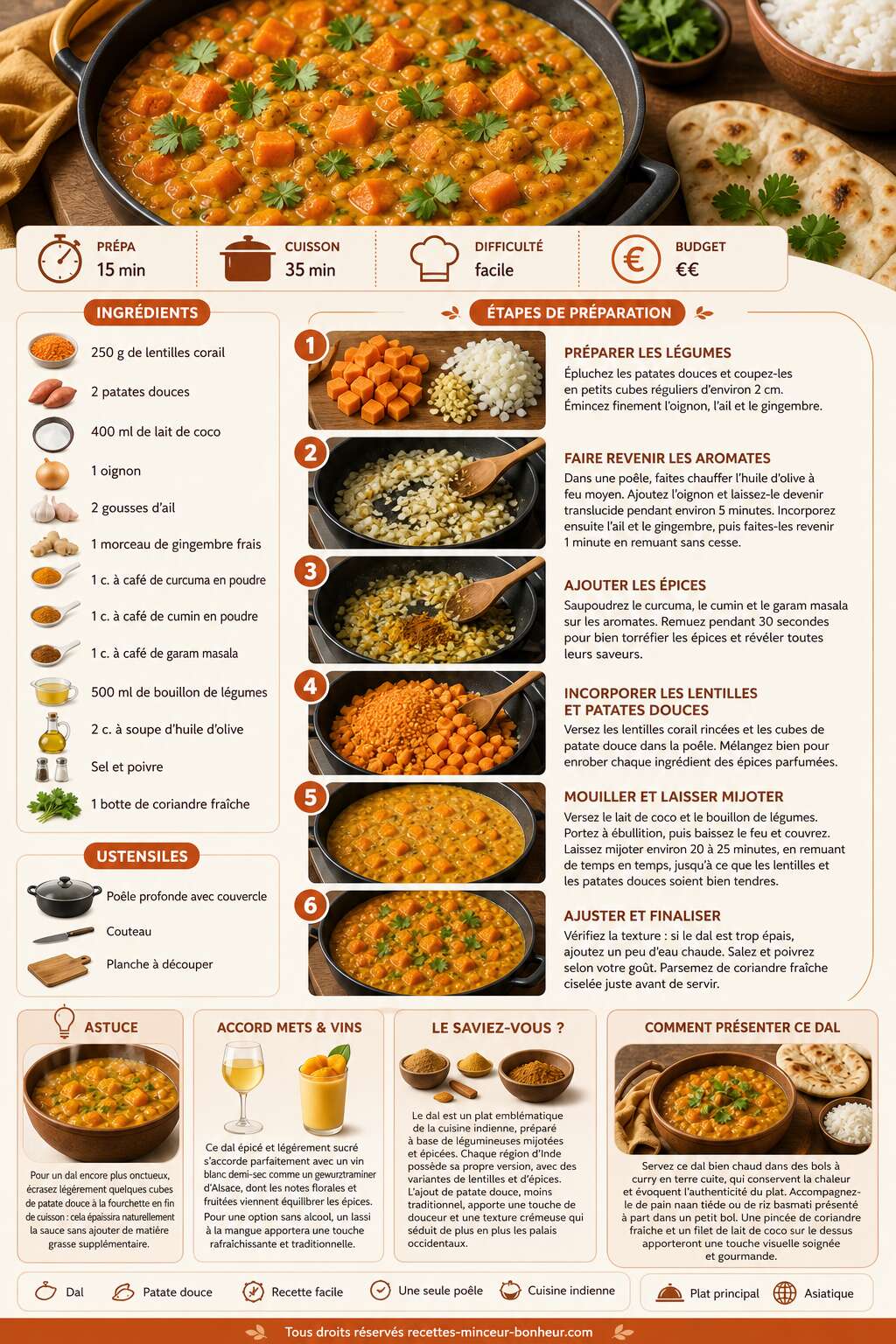 Fiche recette Dal aux patates douces en une seule poêle : recette facile et savoureuse Fiche recette Dal aux patates douces en une seule poêle : recette facile et savoureuse