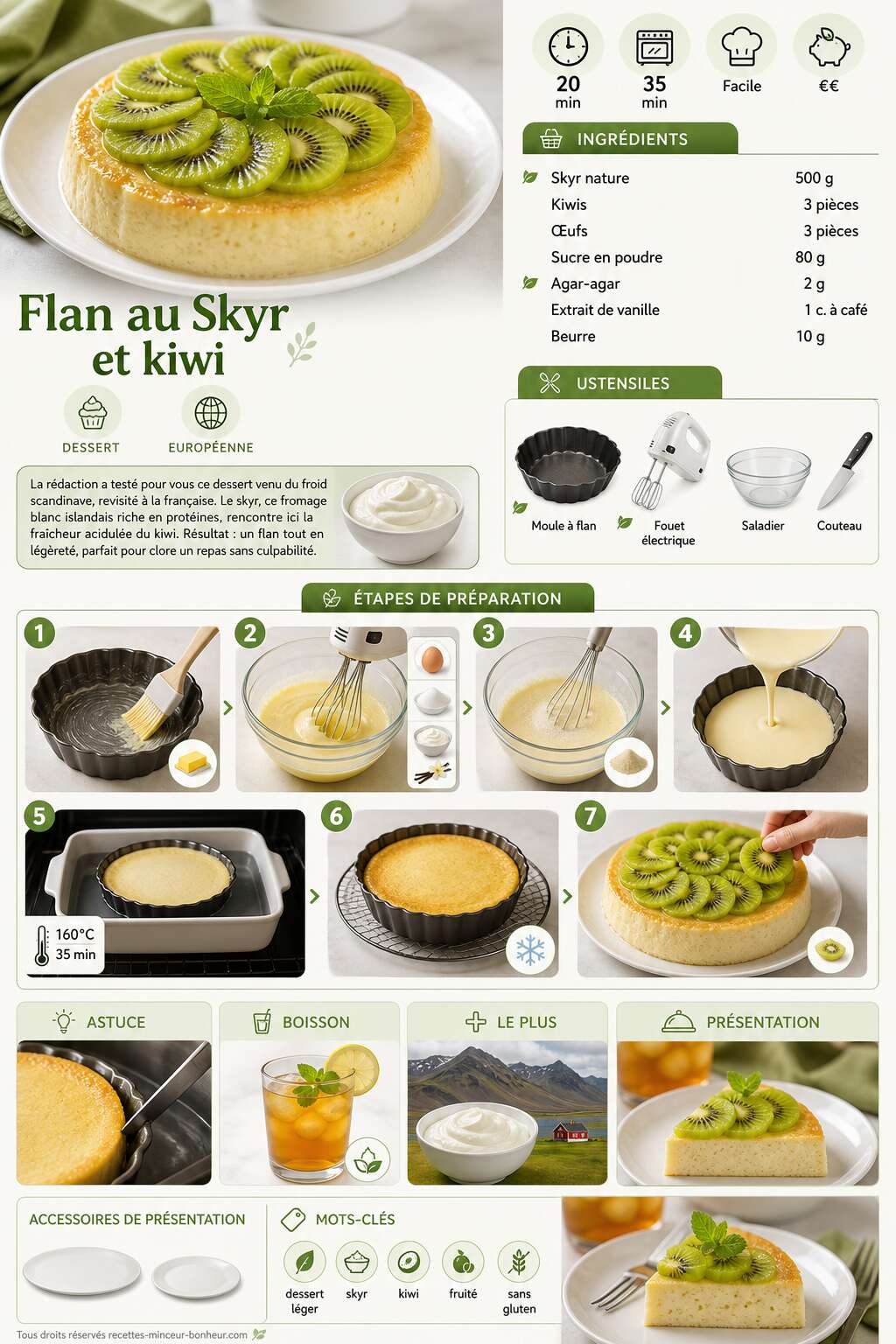 Fiche recette Recette de flan au Skyr et kiwi : un dessert léger et fruité Fiche recette Recette de flan au Skyr et kiwi : un dessert léger et fruité