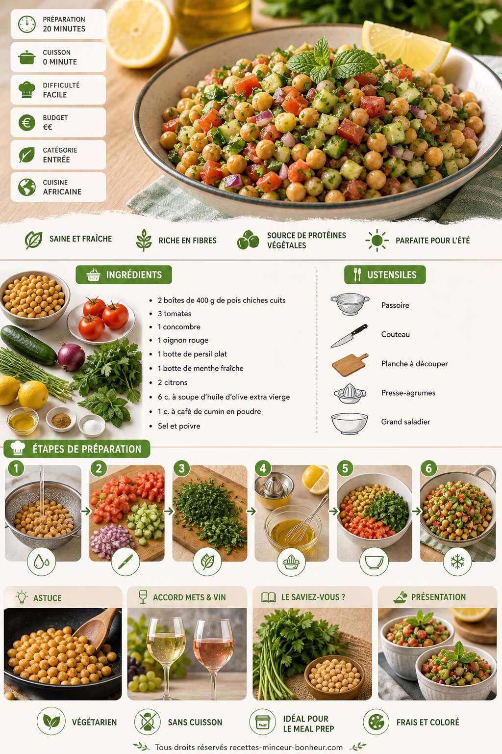 Fiche recette Taboulé de pois chiches aux légumes : recette saine et délicieuse Fiche recette Taboulé de pois chiches aux légumes : recette saine et délicieuse