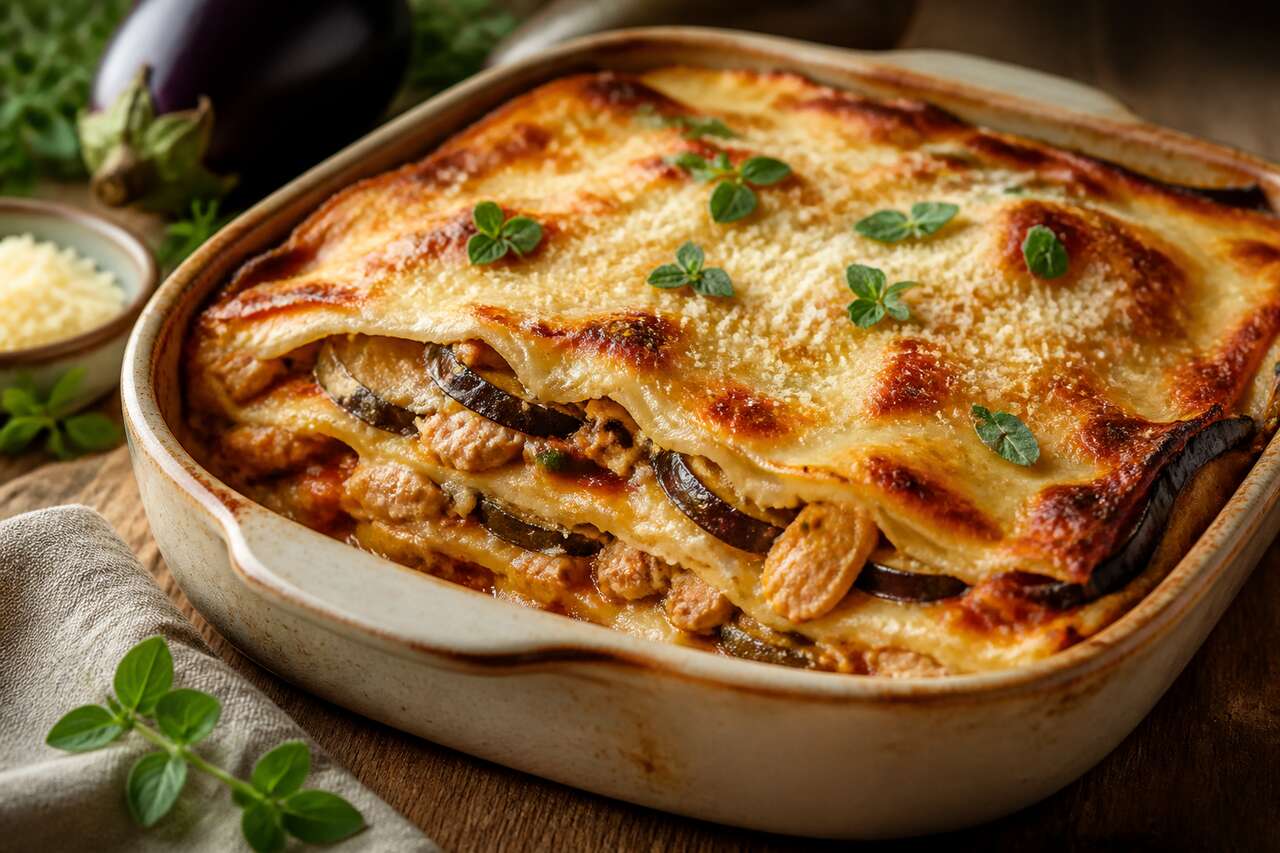Lasagne aux aubergines, poulet et fromage : recette facile et délicieuse