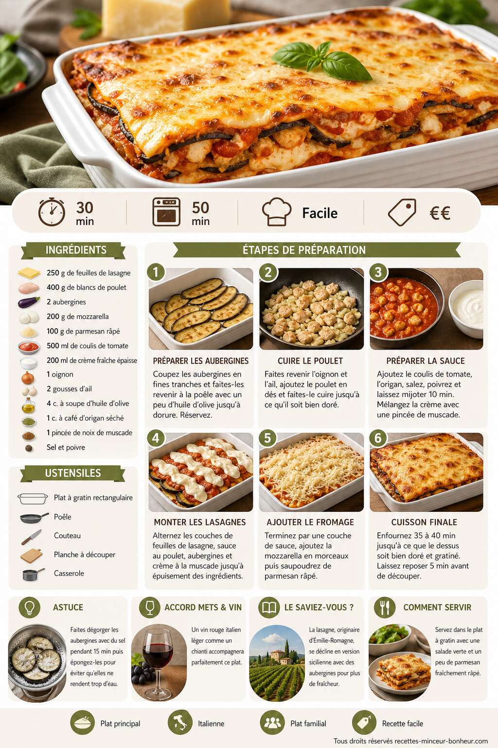 Fiche recette Lasagne aux aubergines, poulet et fromage : recette facile et délicieuse Fiche recette Lasagne aux aubergines, poulet et fromage : recette facile et délicieuse