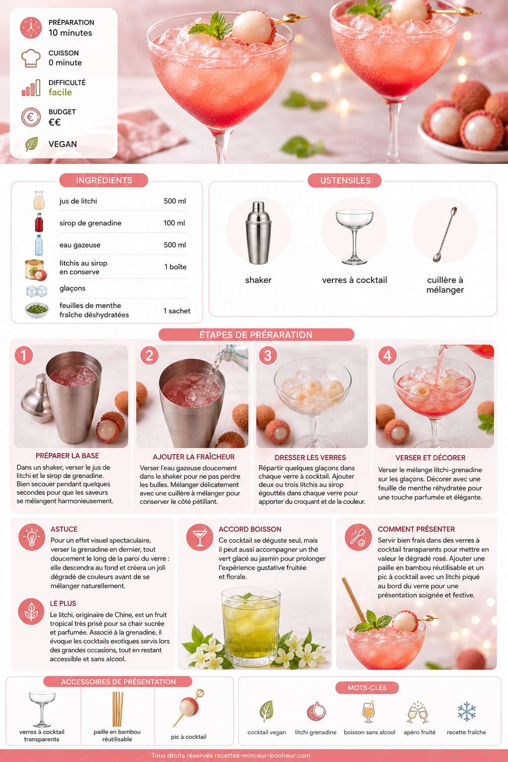 Fiche recette Cocktail litchi grenadine vegan : recette savoureuse et saine Fiche recette Cocktail litchi grenadine vegan : recette savoureuse et saine