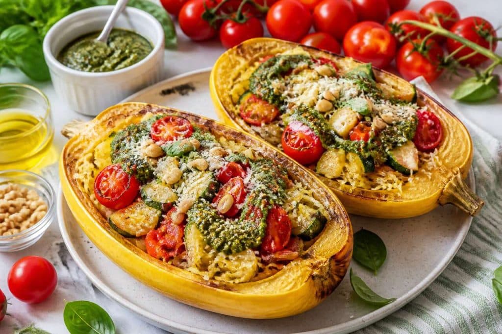 Courge spaghetti farcie aux légumes et pesto : savoureuse et saine