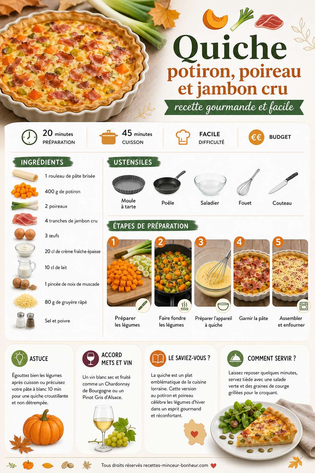 Fiche recette Quiche potiron, poireau et jambon cru : recette gourmande et facile Fiche recette Quiche potiron, poireau et jambon cru : recette gourmande et facile