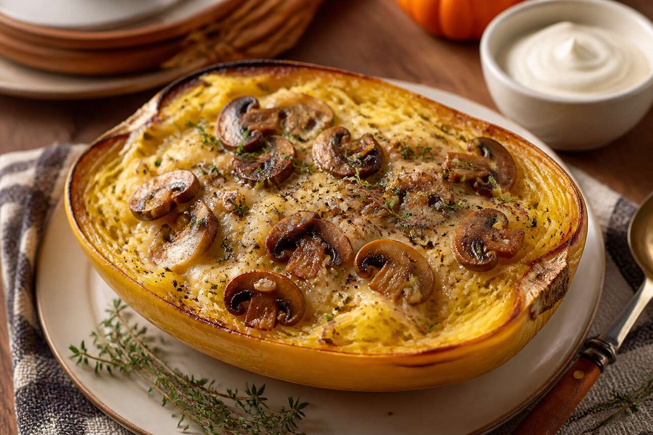 Courge spaghetti au fromage et champignons : recette savoureuse